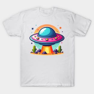 Colorful UFO Flying Saucer Over Desert T-Shirt